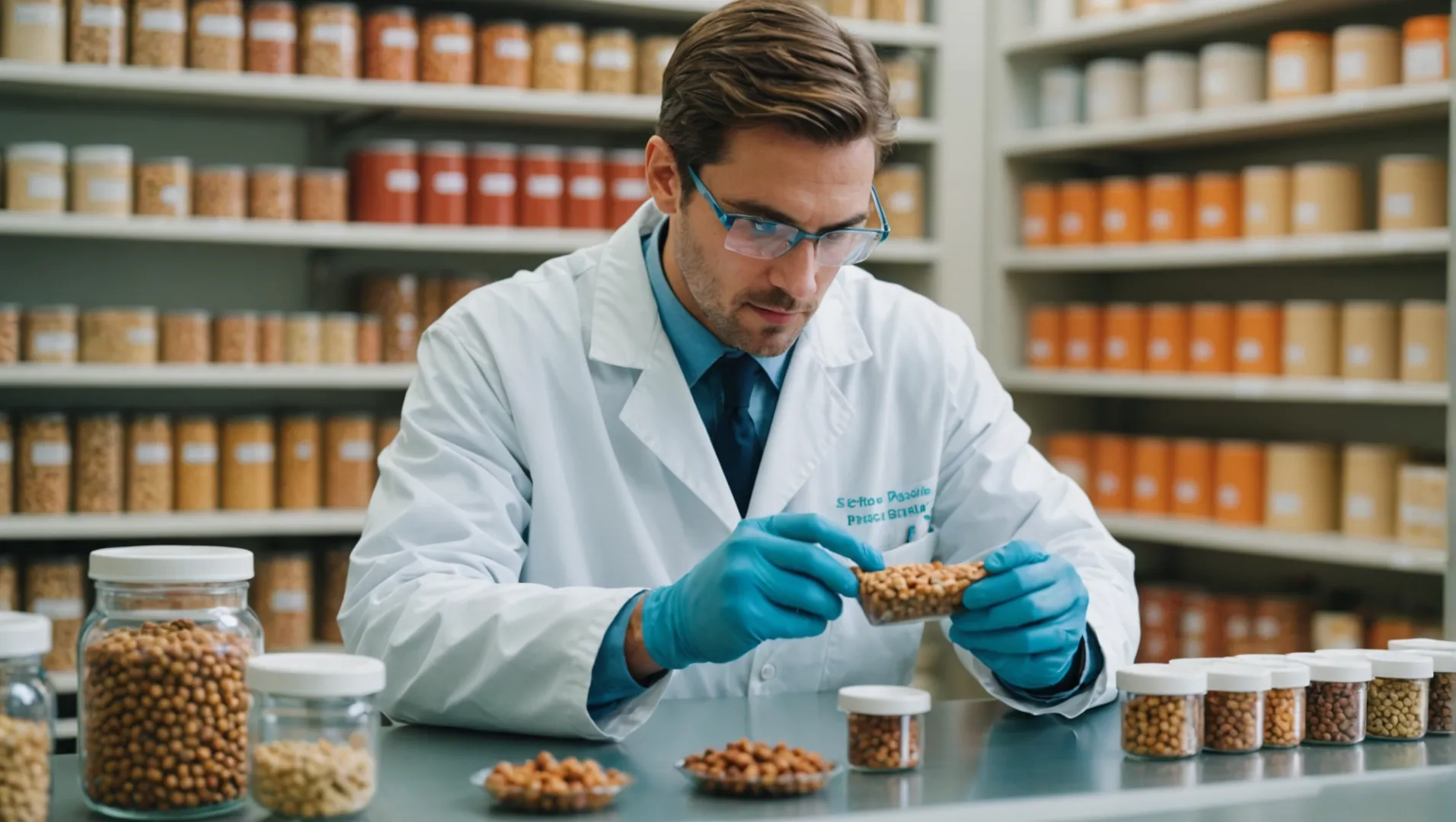 Quality control technician inspecting pet food samples