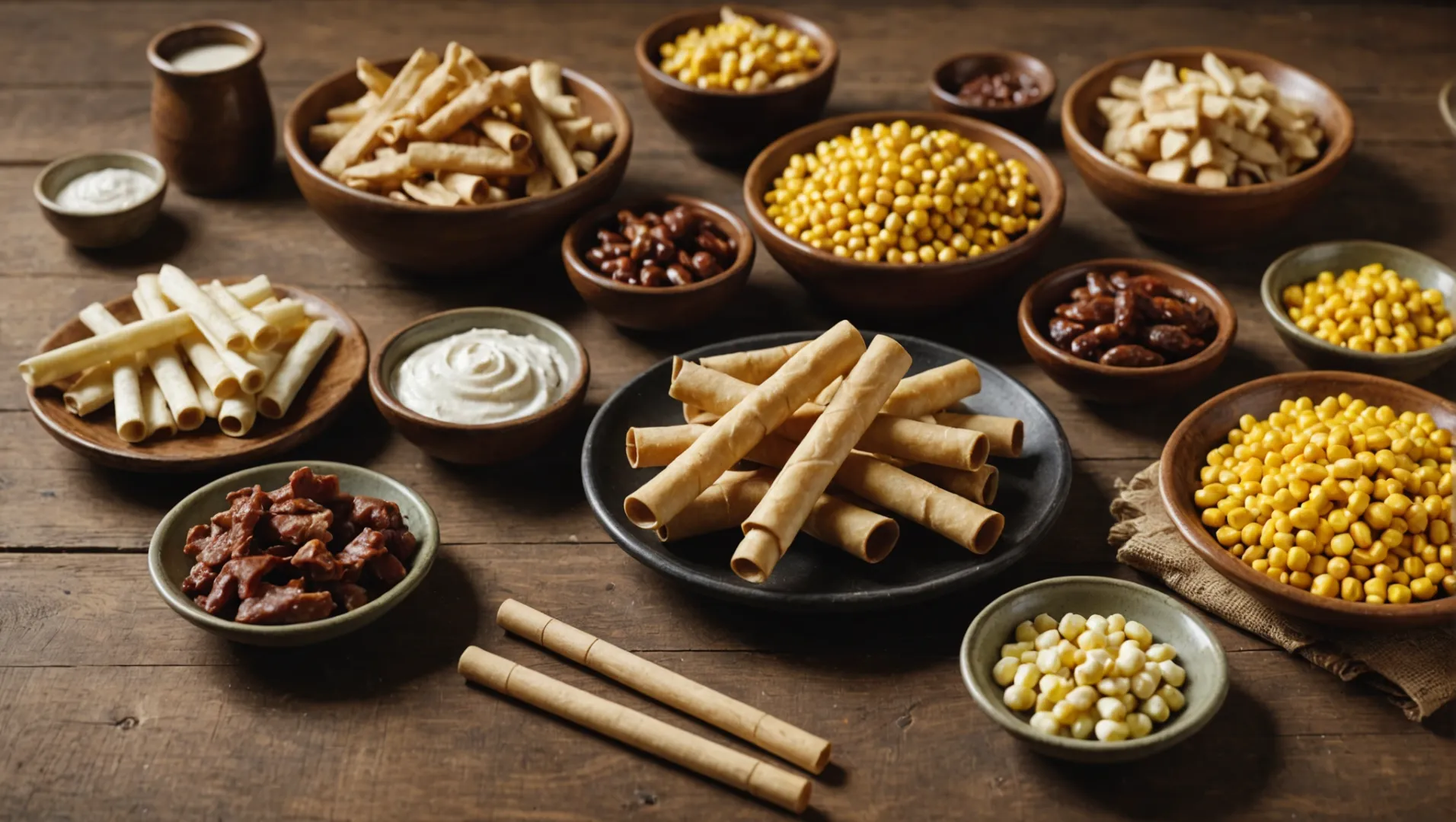 Assorted rawhide munchy sticks with ingredients displayed