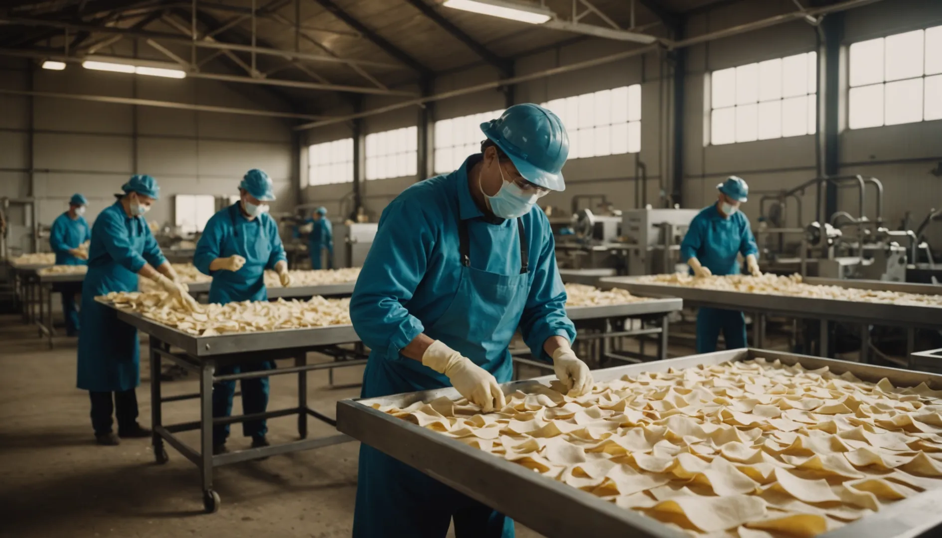 Workers processing rawhide in a bright facility