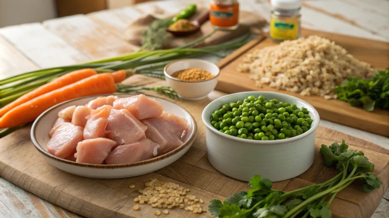 Fresh ingredients for homemade dog food on a rustic table