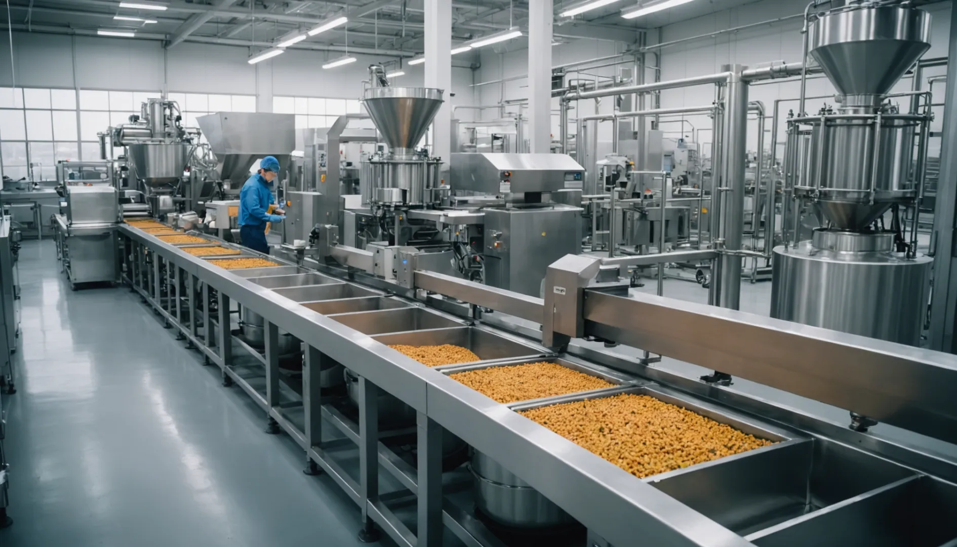 A modern pet food production facility with advanced machinery and workers overseeing operations