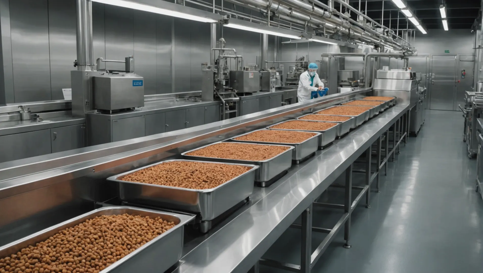 Small-scale dog food production setup with machinery and ingredients