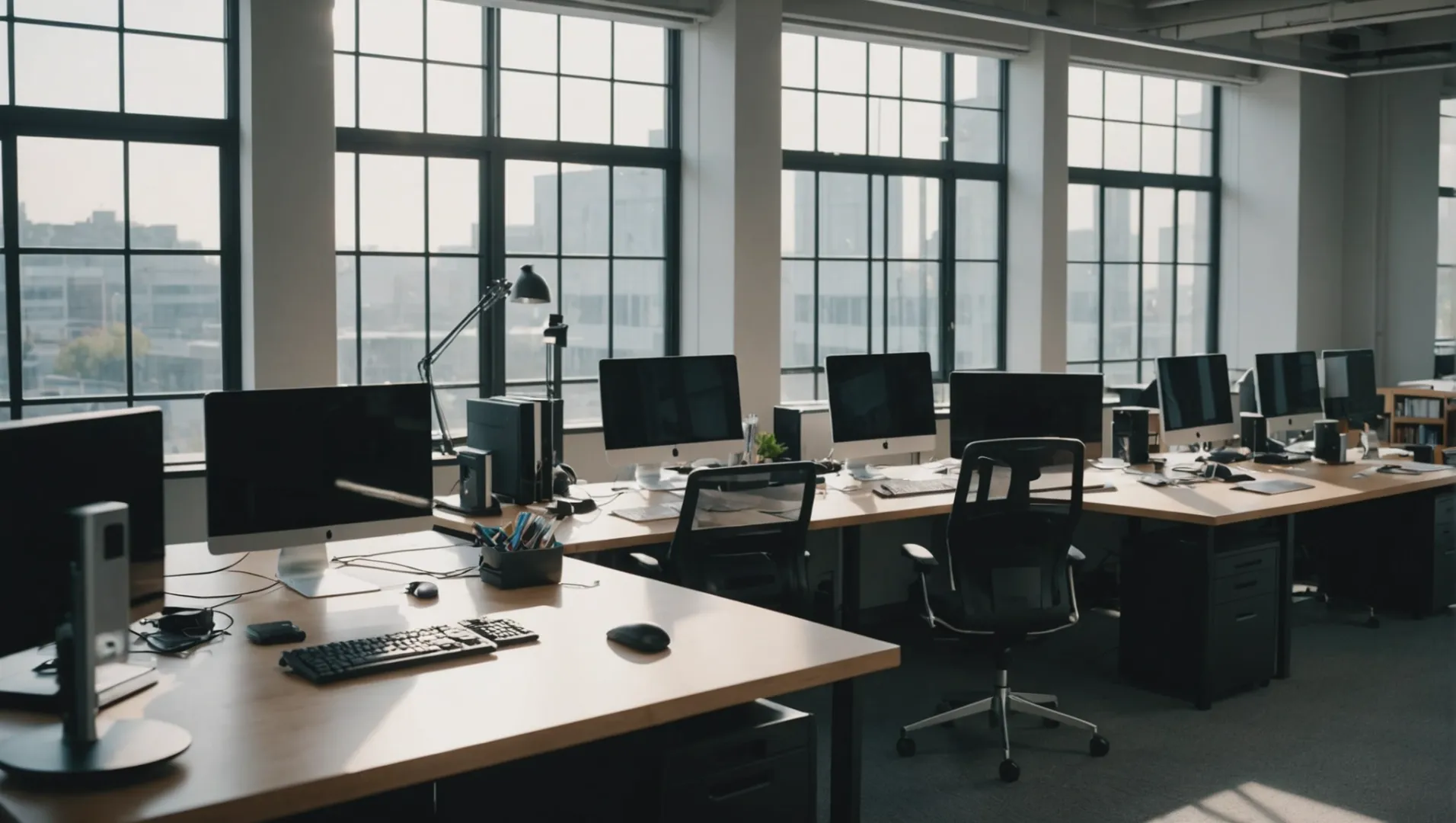 A modern startup office with various equipment and workstations