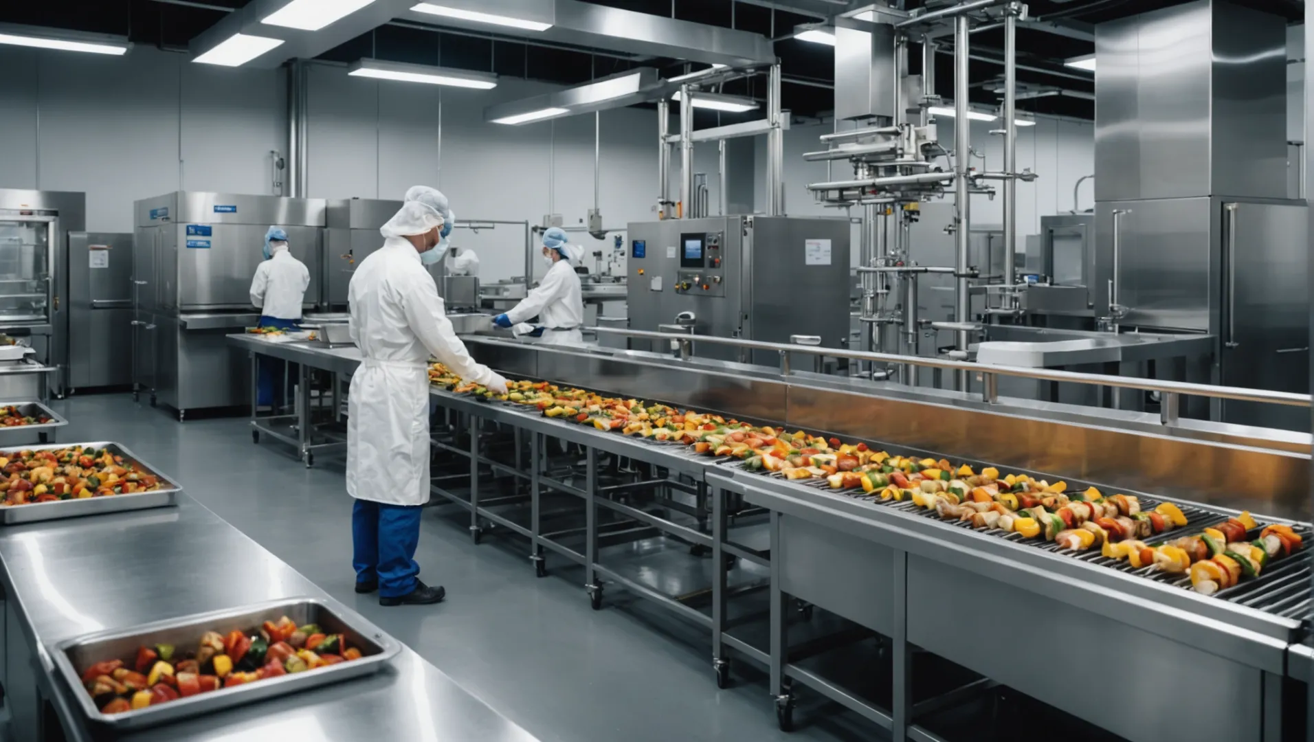 A modern food processing line producing triple flavor kabobs