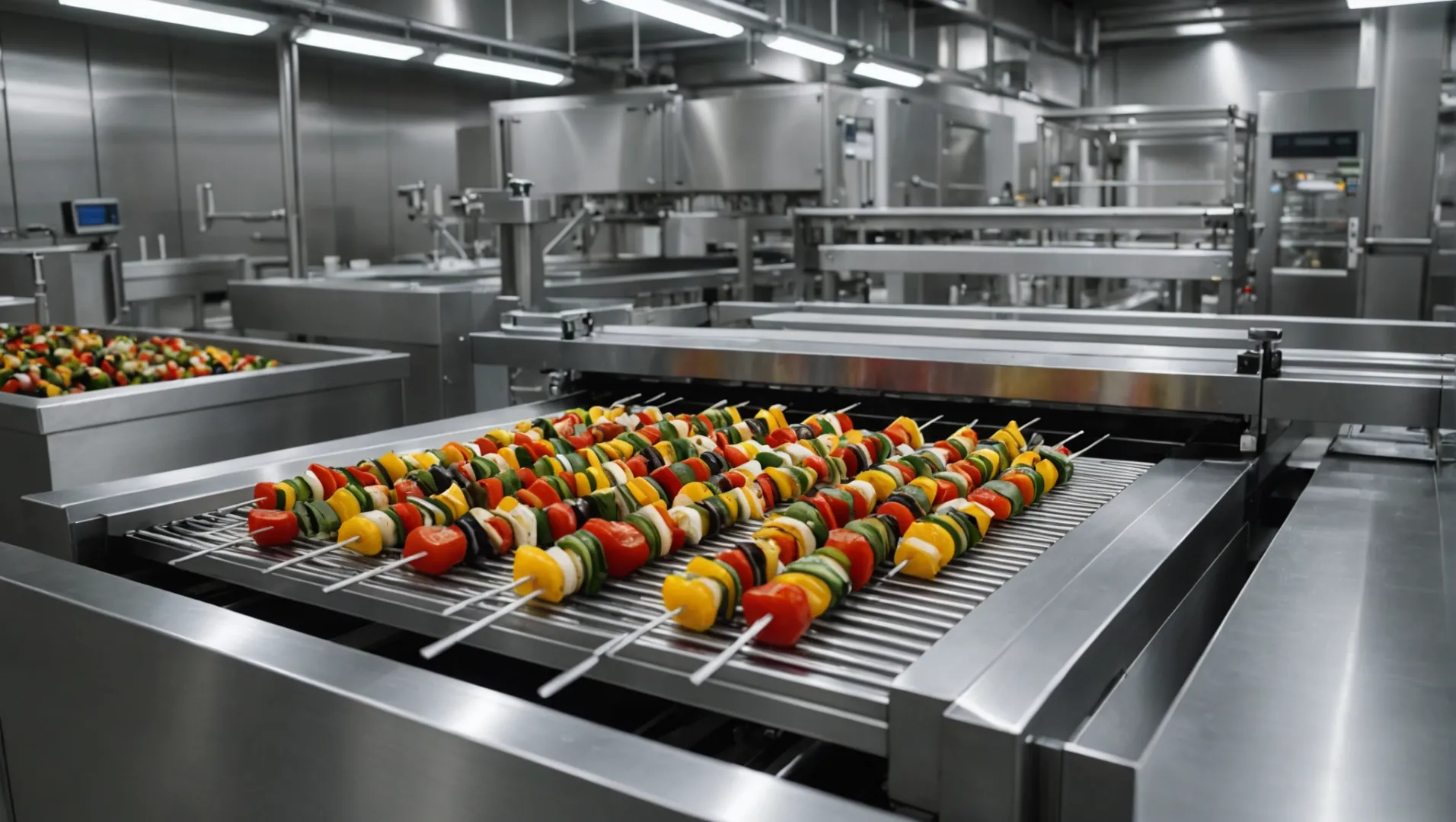 Automated kabobs processing line with workers overseeing operations