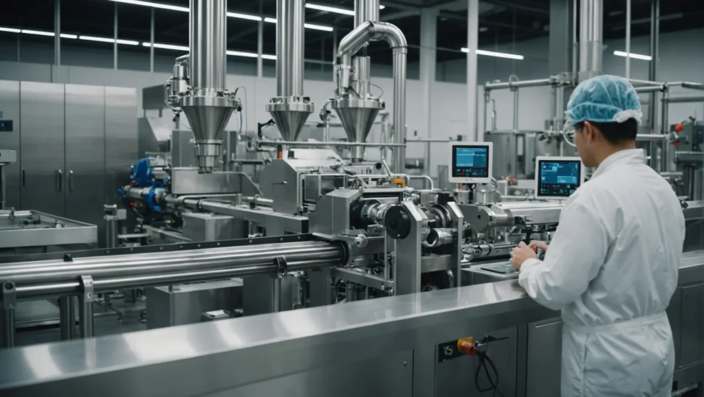 Twin screw extruder in a food processing facility