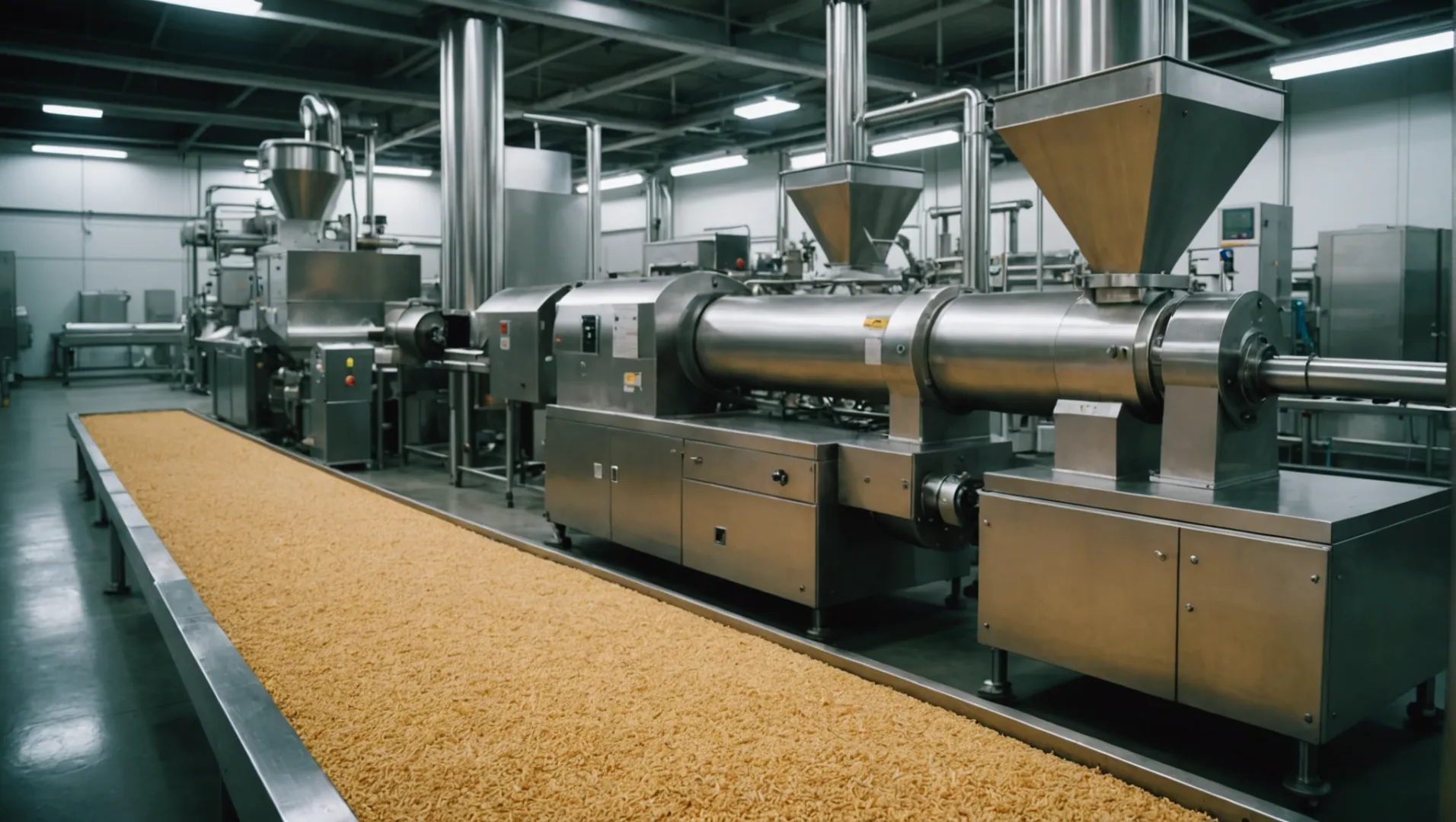 A twin screw extruder in a food production setting with raw ingredients and finished product.