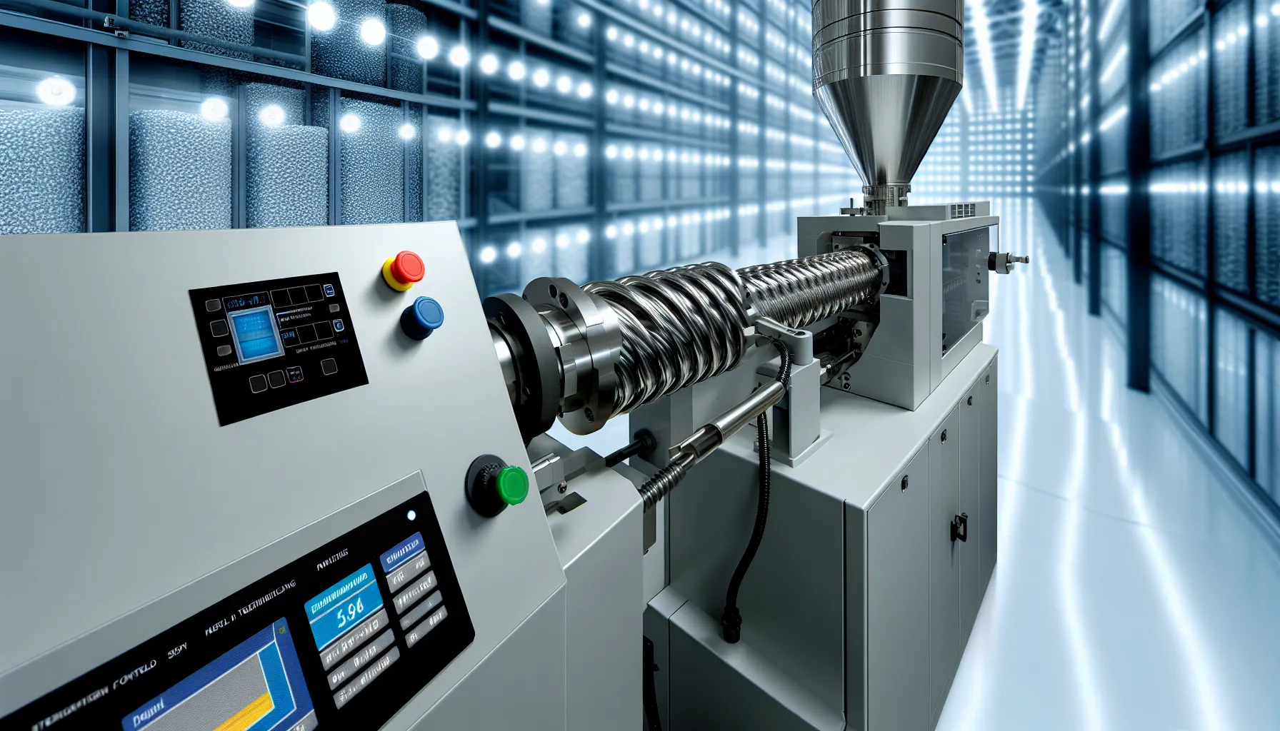 Twin screw extruder processing materials with visible control panel and intermeshing screws