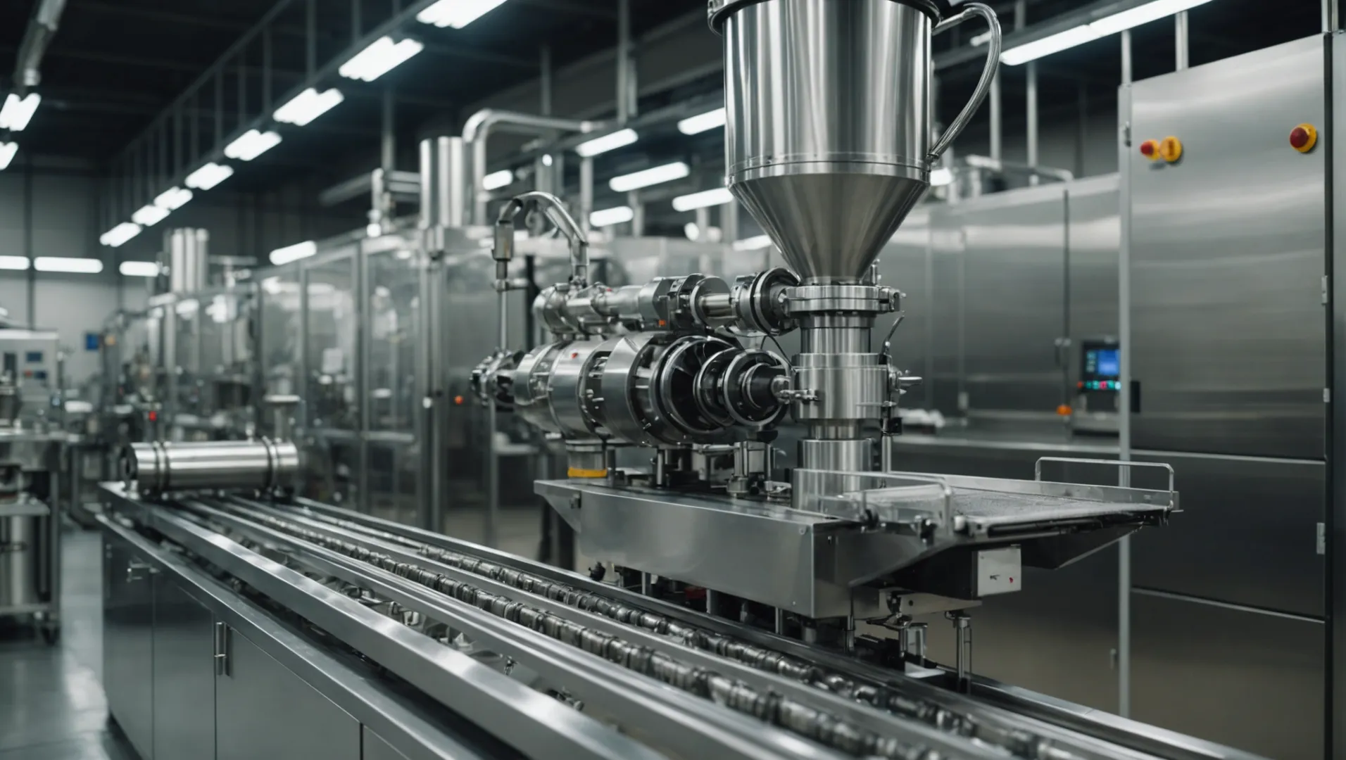 A twin screw extruder in a modern food processing facility, showcasing its role in innovation.