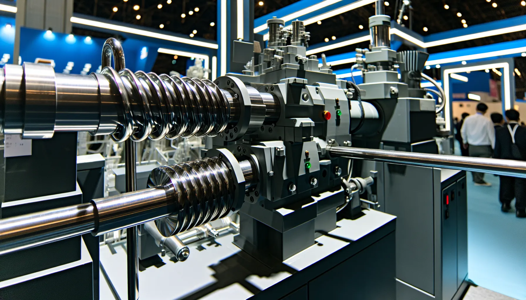 Twin screw extruder in an industrial setting with focus on components