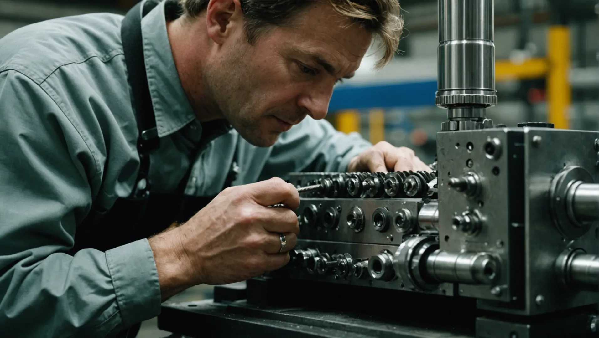 Technician inspecting twin screw extruder