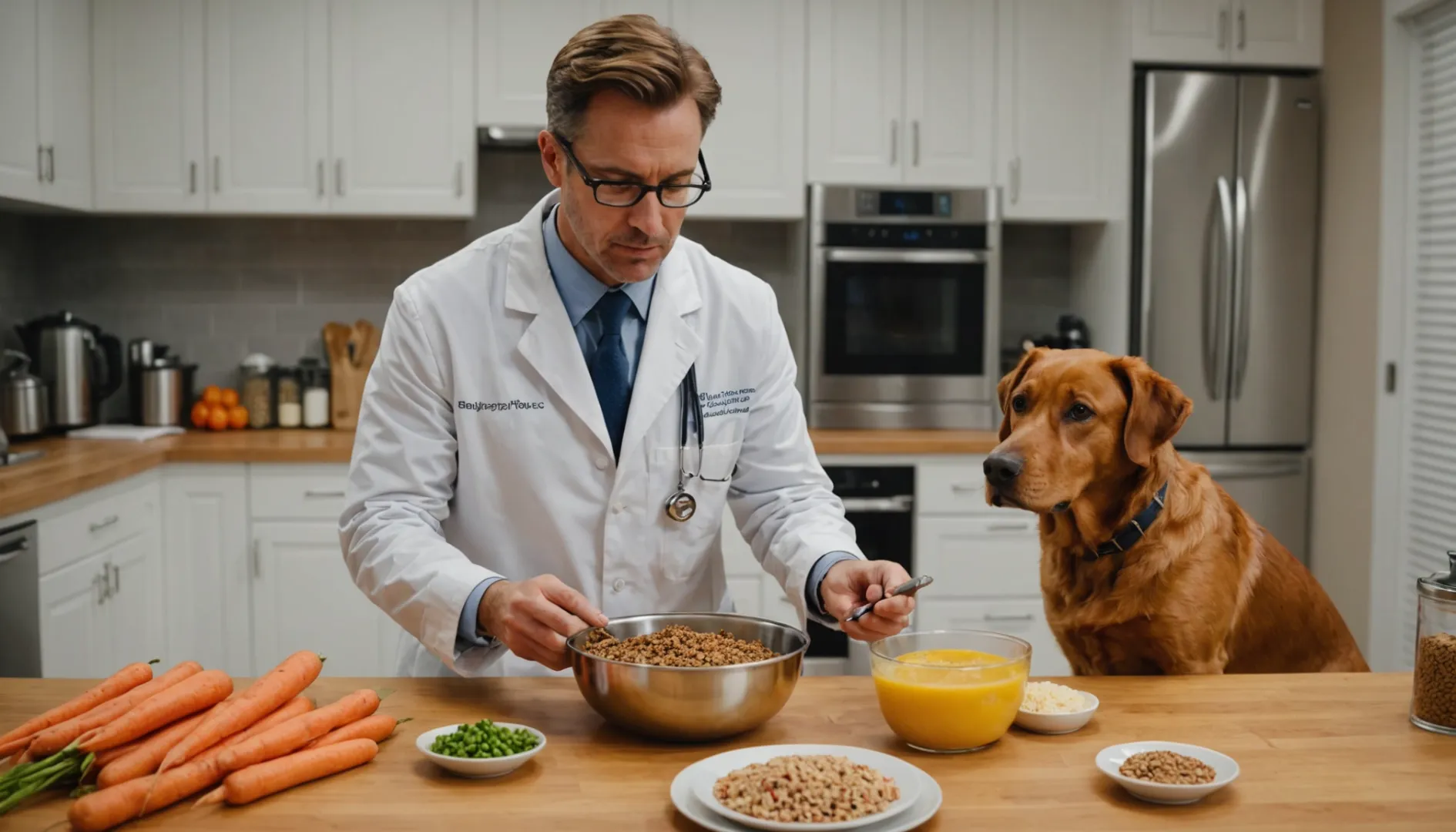 A veterinarian inspecting a bowl of balanced dog food