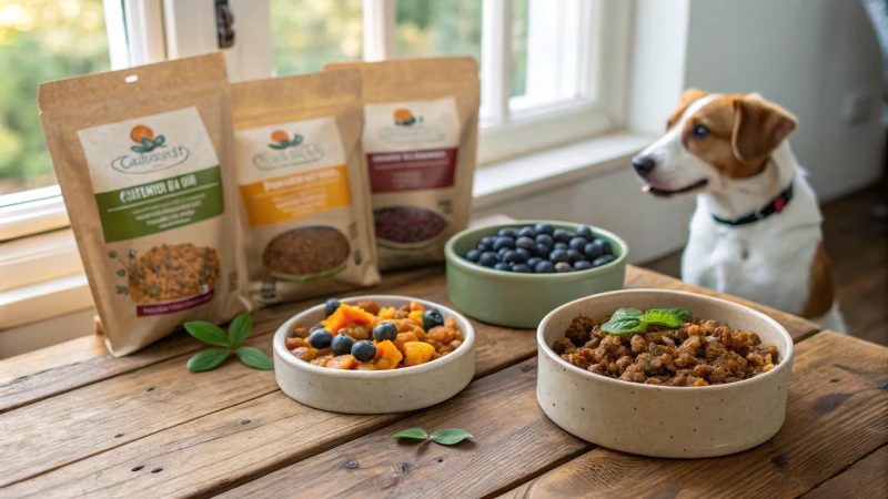 Wooden table with eco-friendly dog food packaging and a happy dog