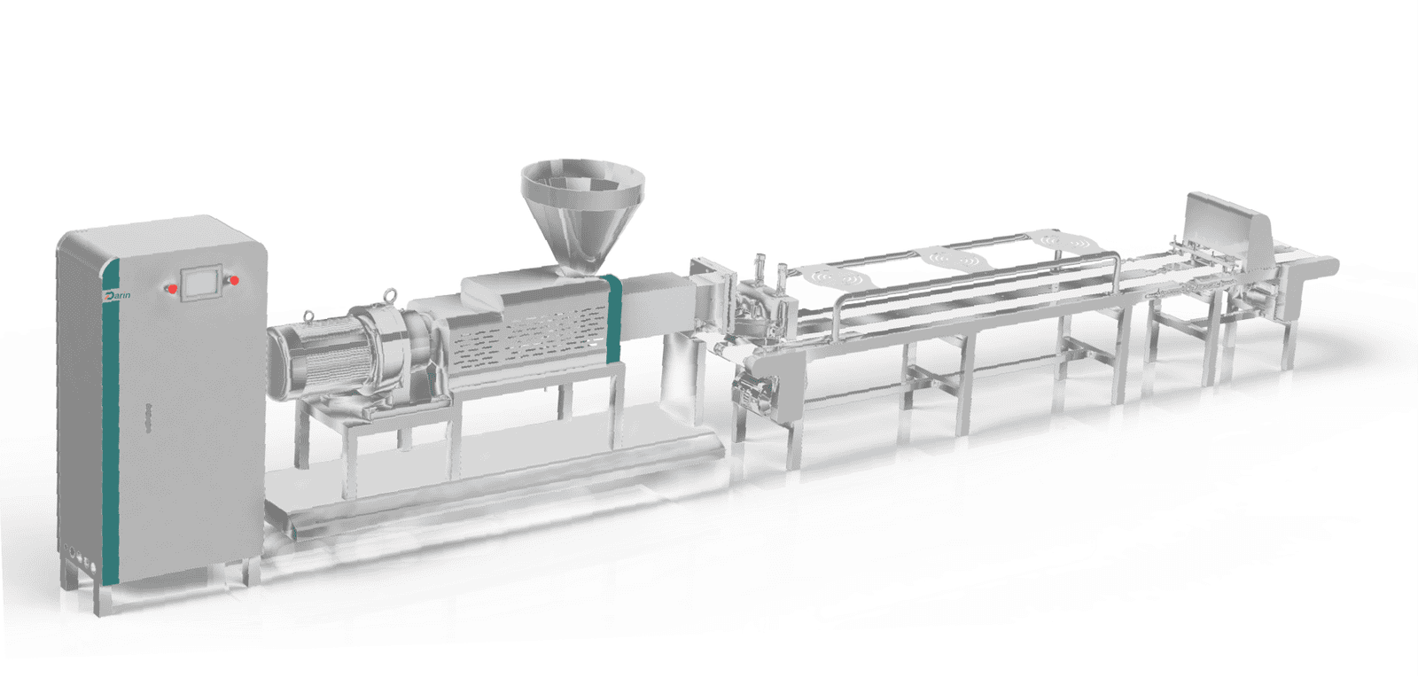 A pet treat cold extrusion line is a specialized type of production line used in the manufacture of pet treats through a process called cold extrusion. This method is distinct from traditional extrusion processes which typically involve high temperatures. Cold extrusion is a process where the material (in this case, pet treat dough or paste) is pressed through a die at room temperature to mold it into specific shapes and sizes without the application of heat. This technique is favored for producing pet treats that benefit from retaining the nutritional integrity of sensitive ingredients, such as vitamins, probiotics, and certain proteins that might degrade under high temperatures.