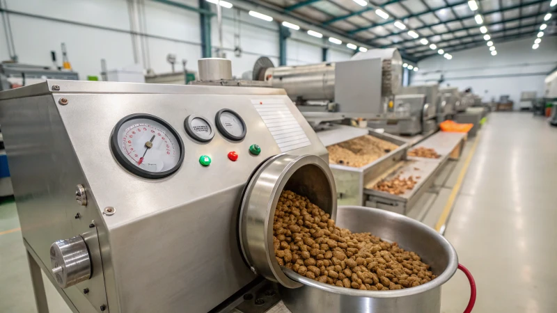 Operational advanced industrial extruder in a pet food manufacturing plant