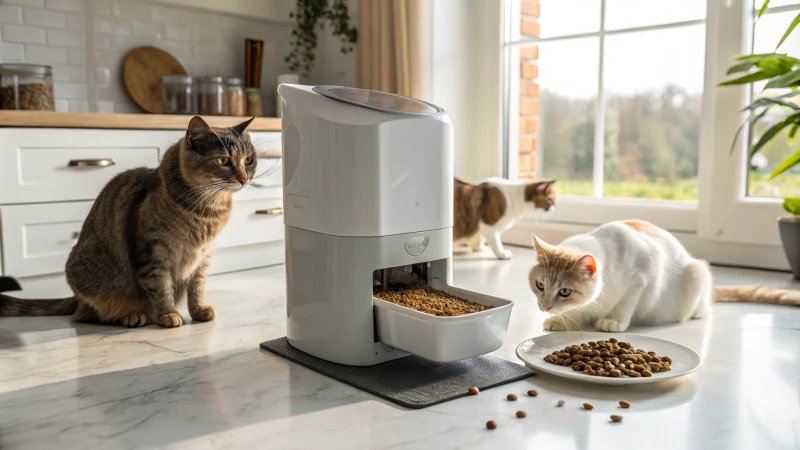 A modern cat feeder in a kitchen with cats watching.