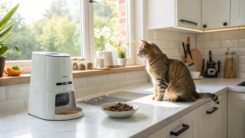 A modern automatic cat feeder with a tabby cat nearby