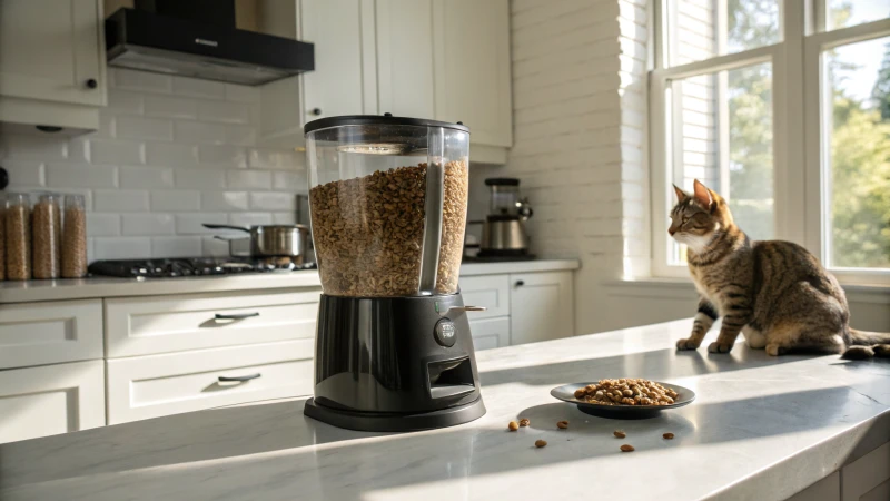 A modern automatic cat food machine with a curious cat nearby