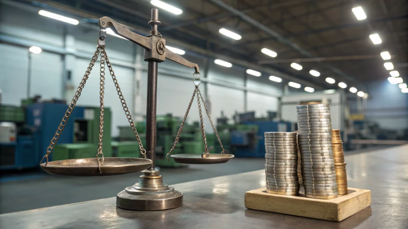 Balanced scales in a factory setting with coins and tools