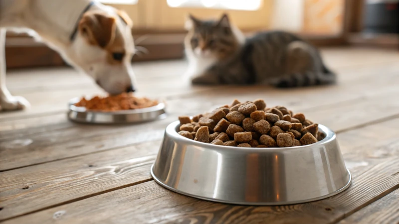 Close-up of a bowl of pet food with a dog and cat in the background