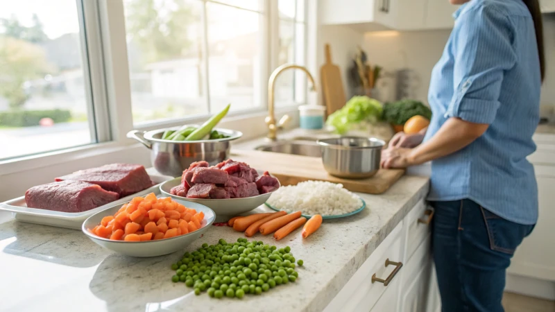 A person in a kitchen preparing homemade dog food with fresh ingredients.