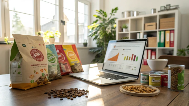 A bright workspace with dog food samples and a laptop showing market analysis