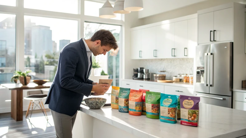 An entrepreneur in a modern kitchen examining colorful pet food samples on a countertop.