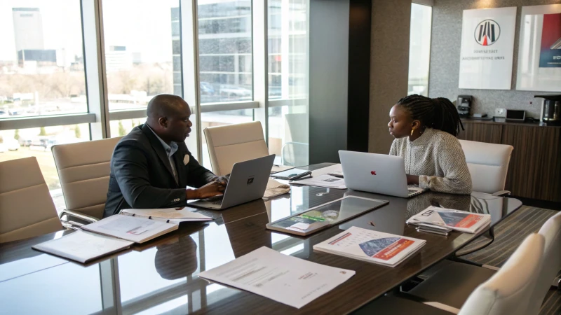 A professional business meeting with two individuals in discussion at a conference table.