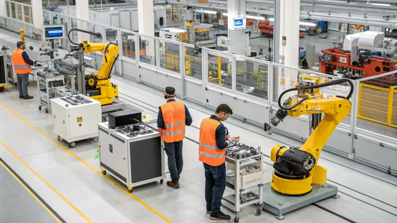 Workers on a manufacturing floor with advanced machinery and robotic arms