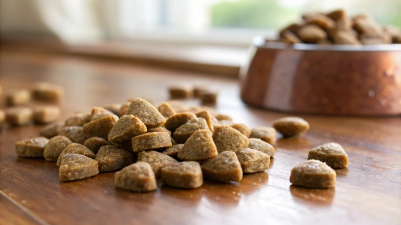 Close-up of shiny extruded pet food pellets on a wooden surface