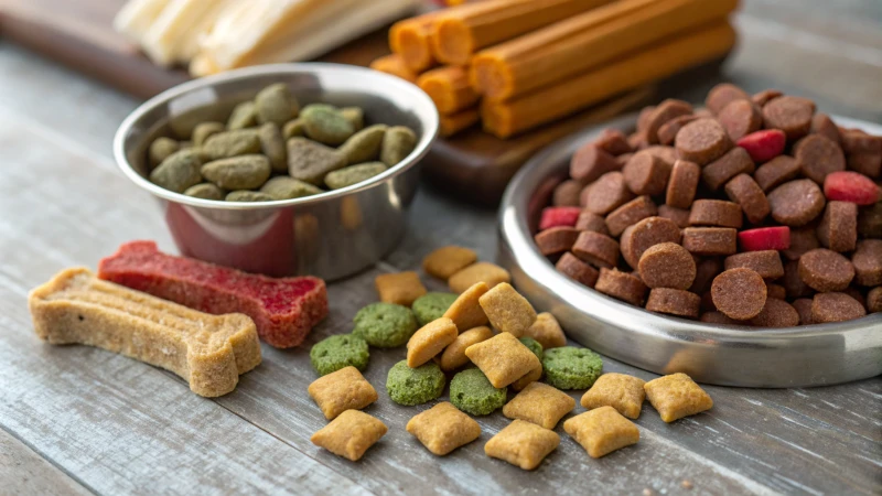 A close-up view of assorted pet foods on a wooden surface.