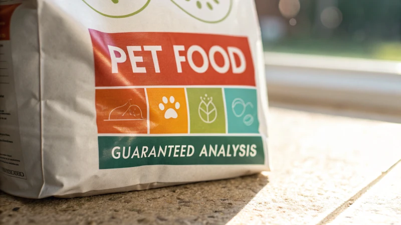 Close-up of a pet food bag with visible labels and ingredient list