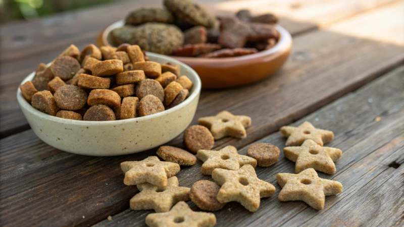 Close-up of assorted pet food kibble on a wooden table