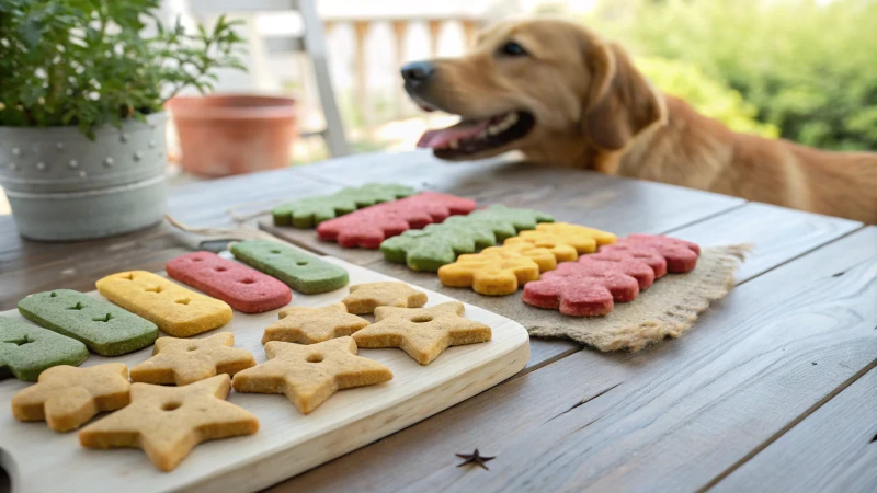 A variety of colorful dog biscuits on a wooden table with a happy dog in the background