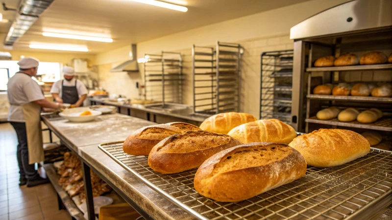 Freshly baked bread cooling on a wire rack in a commercial kitchen