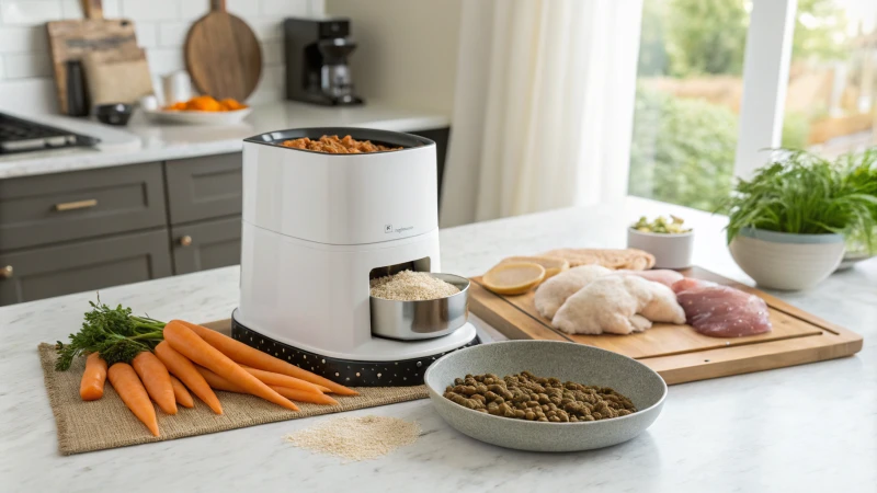 A contemporary kitchen with a dog food machine and fresh ingredients