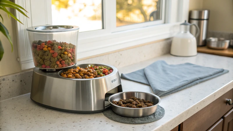 A modern pet feeding device in a kitchen with kibble inside