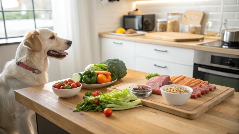 A modern kitchen scene with a happy dog and fresh ingredients for dog food.