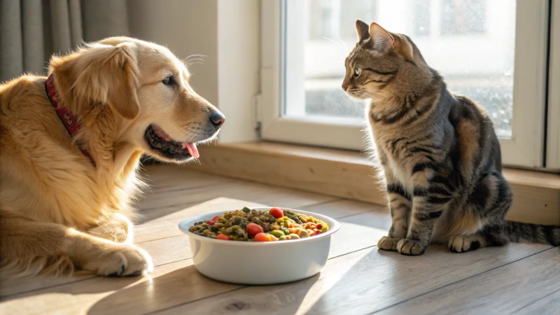 A golden retriever and a tabby cat sitting side by side, eagerly looking at a bowl of pet food on a wooden floor.