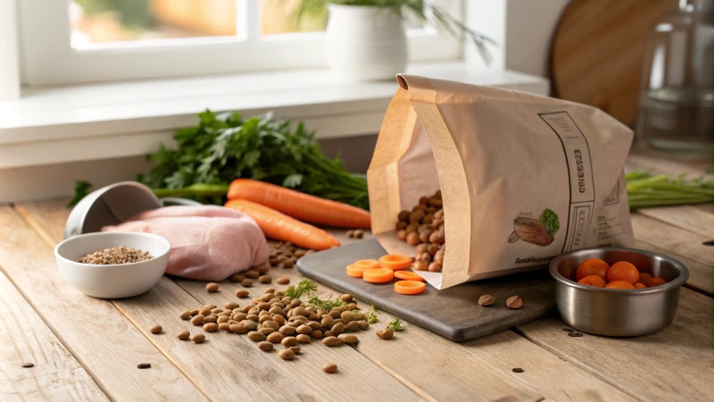 Open dog food bag on wooden counter with kibble and fresh ingredients