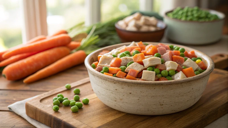 A bowl of homemade dog food with fresh ingredients on a kitchen table