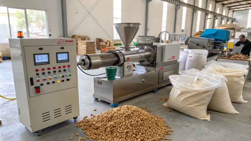 A dog food extruder machine in a production facility