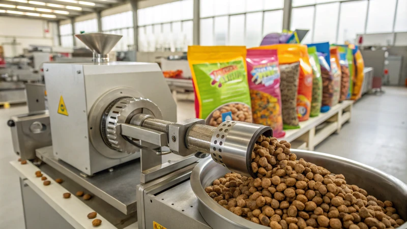 A dog food extruder in a busy manufacturing facility