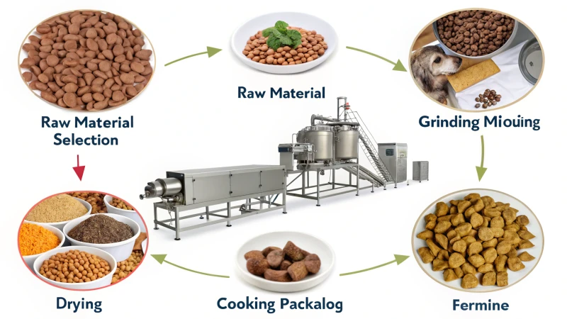 Infografia que mostra o processo de fabrico de alimentos para cães com etapas pormenorizadas.