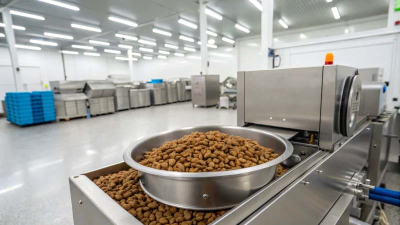 Dog food pellet machine in a factory