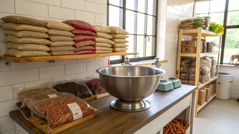 A small-scale dog food production area with ingredients and equipment