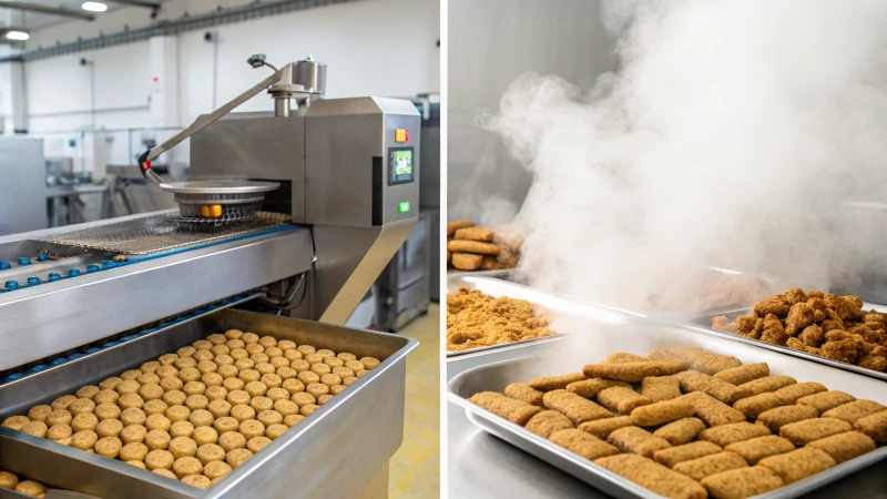 Split-screen image of dog food production processes: extrusion and baking