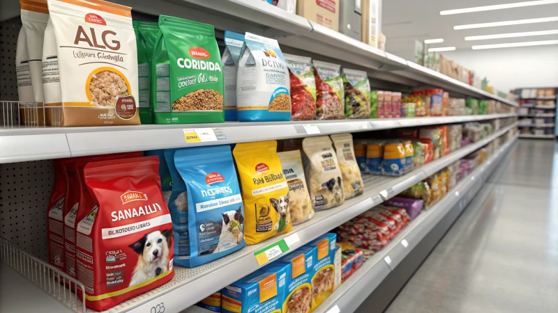 Retail shelf filled with dog food bags