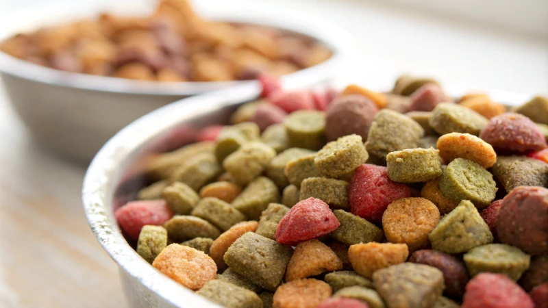 Close-up of colorful dry pet food pellets