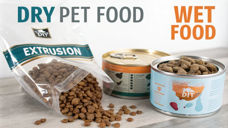 Infographic comparing dry and wet pet food processing methods